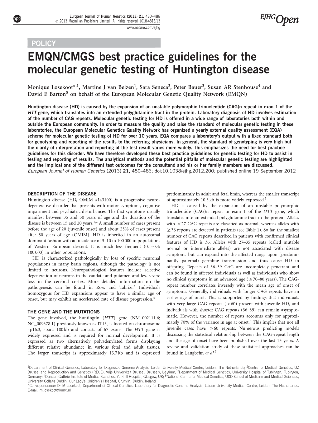 CMGS Best Practice Guidelines for the Molecular Genetic Testing of Huntington Disease