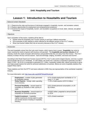 Lesson 1: Introduction to Hospitality and Tourism