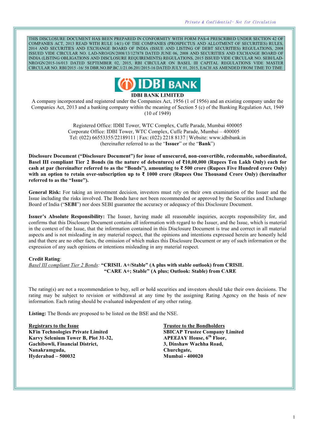 IDBI BANK LIMITED a Company Incorporated and Registered Under