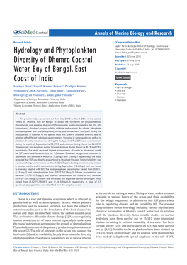 Hydrology and Phytoplankton Diversity of Dhamra Coastal Water, Bay of Bengal, East Coast of India