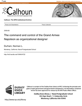 The Command and Control of the Grand Armee Napoleon As Organizational Designer