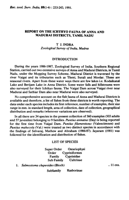 Report on the Ichthyo Fauna of Anna and Madurai Districts" Tamil Nadu
