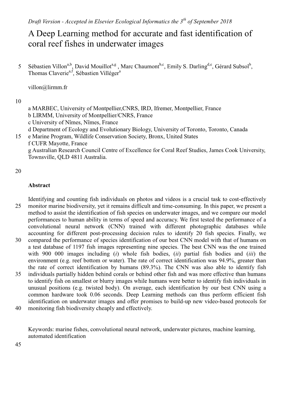 A Deep Learning Method for Accurate and Fast Identification of Coral Reef Fishes in Underwater Images