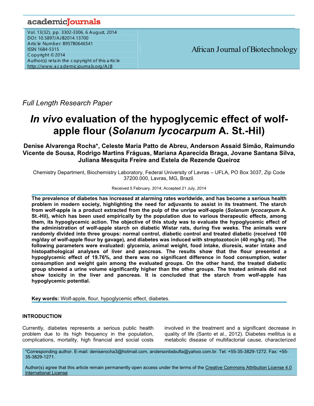 In Vivo Evaluation of the Hypoglycemic Effect of Wolf- Apple Flour (Solanum Lycocarpum A