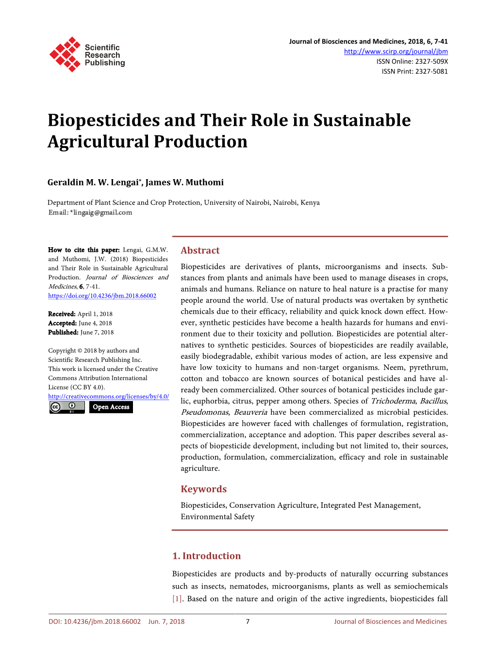 Biopesticides and Their Role in Sustainable Agricultural Production