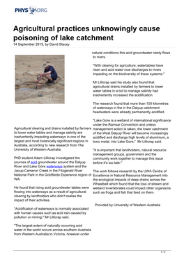Agricultural Practices Unknowingly Cause Poisoning of Lake Catchment 14 September 2015, by David Stacey