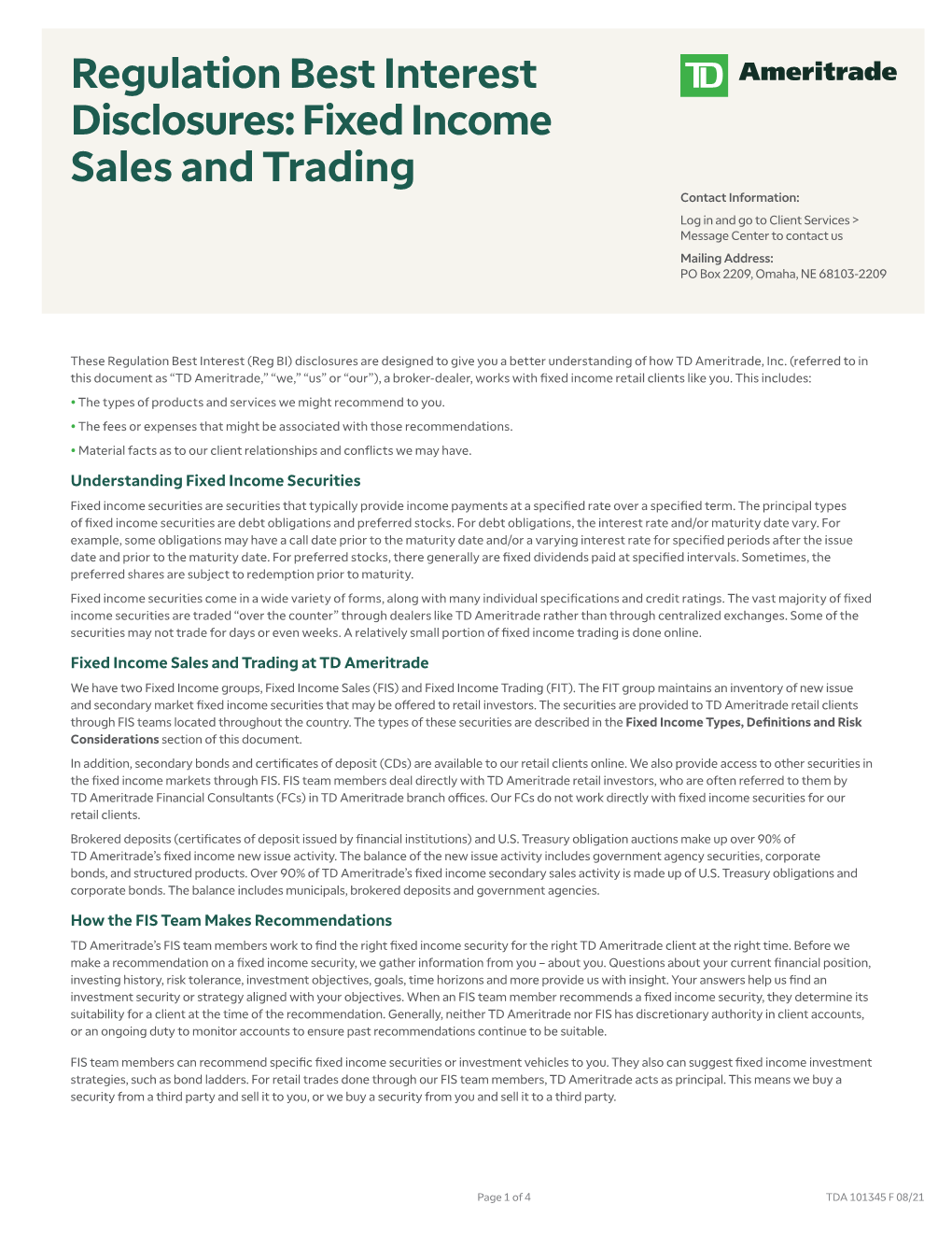 Regulation Best Interest Disclosures: Fixed Income Sales and Trading