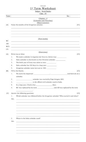 1St Term Worksheet Subject – Social Studies Class – IV Name : Sec