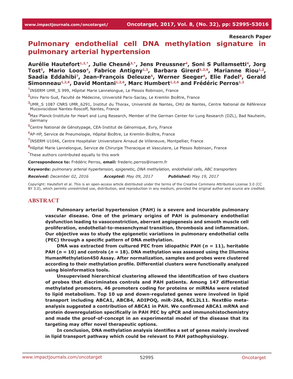 Pulmonary Endothelial Cell DNA Methylation Signature in Pulmonary Arterial Hypertension