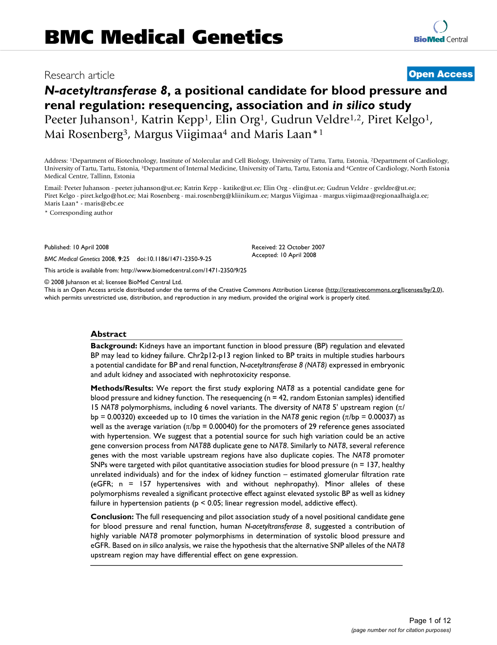 N-Acetyltransferase 8, a Positional Candidate for Blood Pressure And