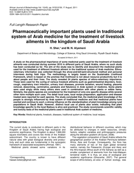 Pharmaceutically Important Plants Used in Traditional System of Arab Medicine for the Treatment of Livestock Ailments in the Kingdom of Saudi Arabia