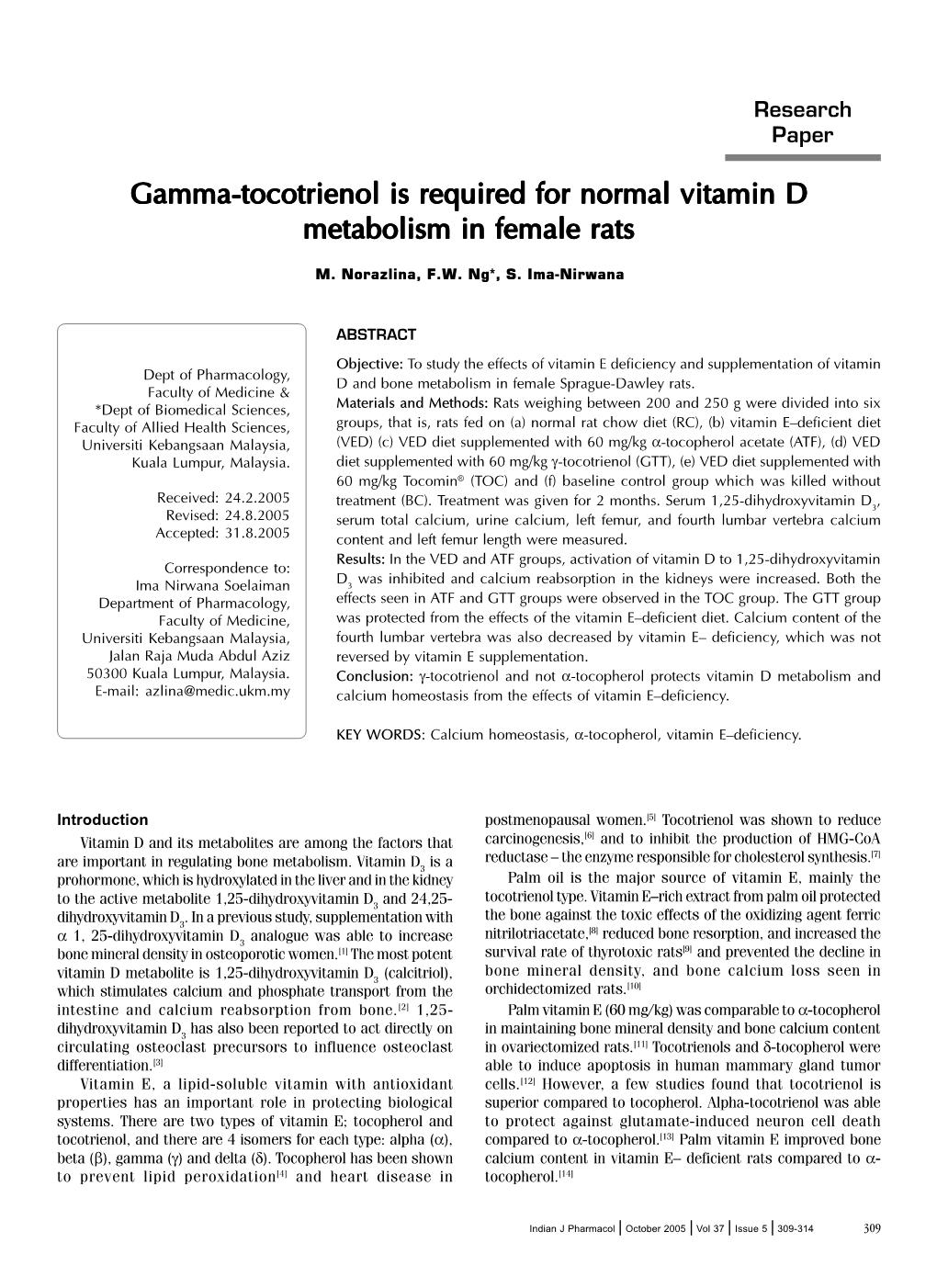 Gamma-Tocotrienol Is Required for Normal Vitamin D Metabolism in Female Rats