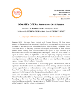 ODYSSEY OPERA Announces 2014 Season