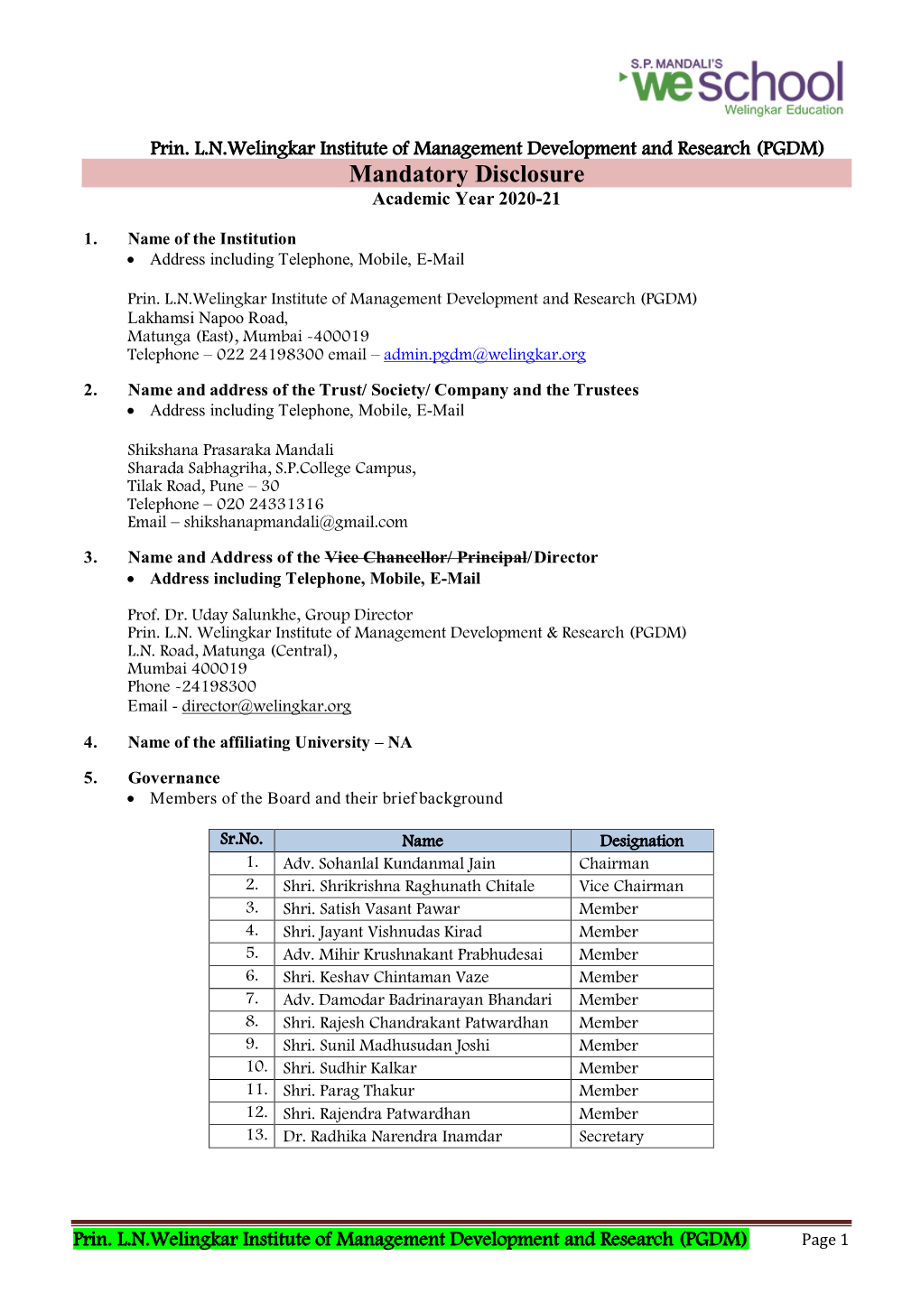 Mandatory Disclosure Academic Year 2020-21