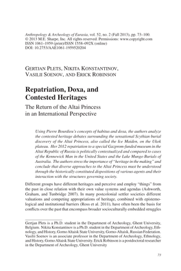 Repatriation, Doxa, and Contested Heritages the Return of the Altai Princess in an International Perspective