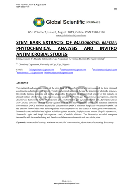 Stem Bark Extracts of : Phytochemical Analysis And