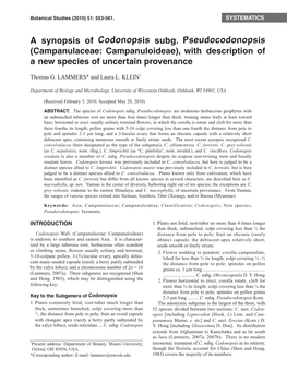 A Synopsis of Codonopsis Subg. Pseudocodonopsis (Campanulaceae: Campanuloideae), with Description of a New Species of Uncertain Provenance