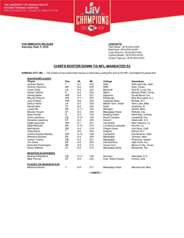 Chiefs Roster Down to Nfl-Mandated 53
