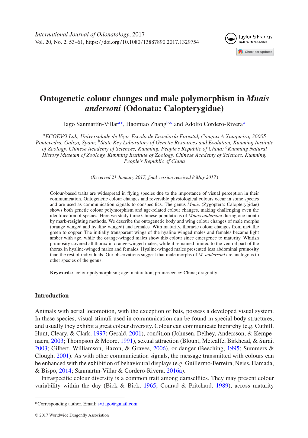 Ontogenetic Colour Changes and Male Polymorphism in Mnais Andersoni (Odonata: Calopterygidae)
