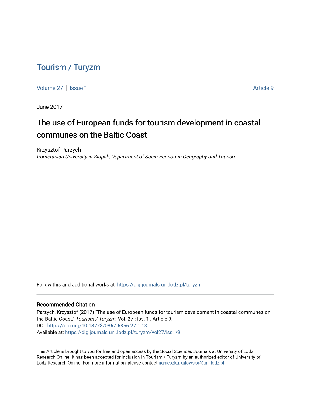 The Use of European Funds for Tourism Development in Coastal Communes on the Baltic Coast