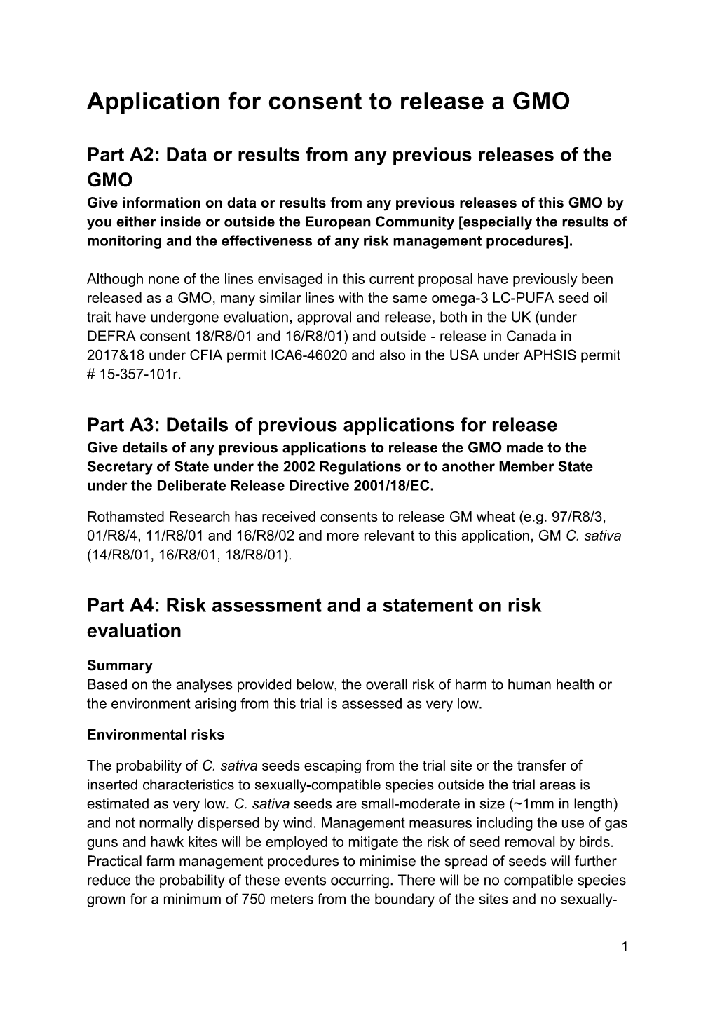 Application for Consent to Release a GMO