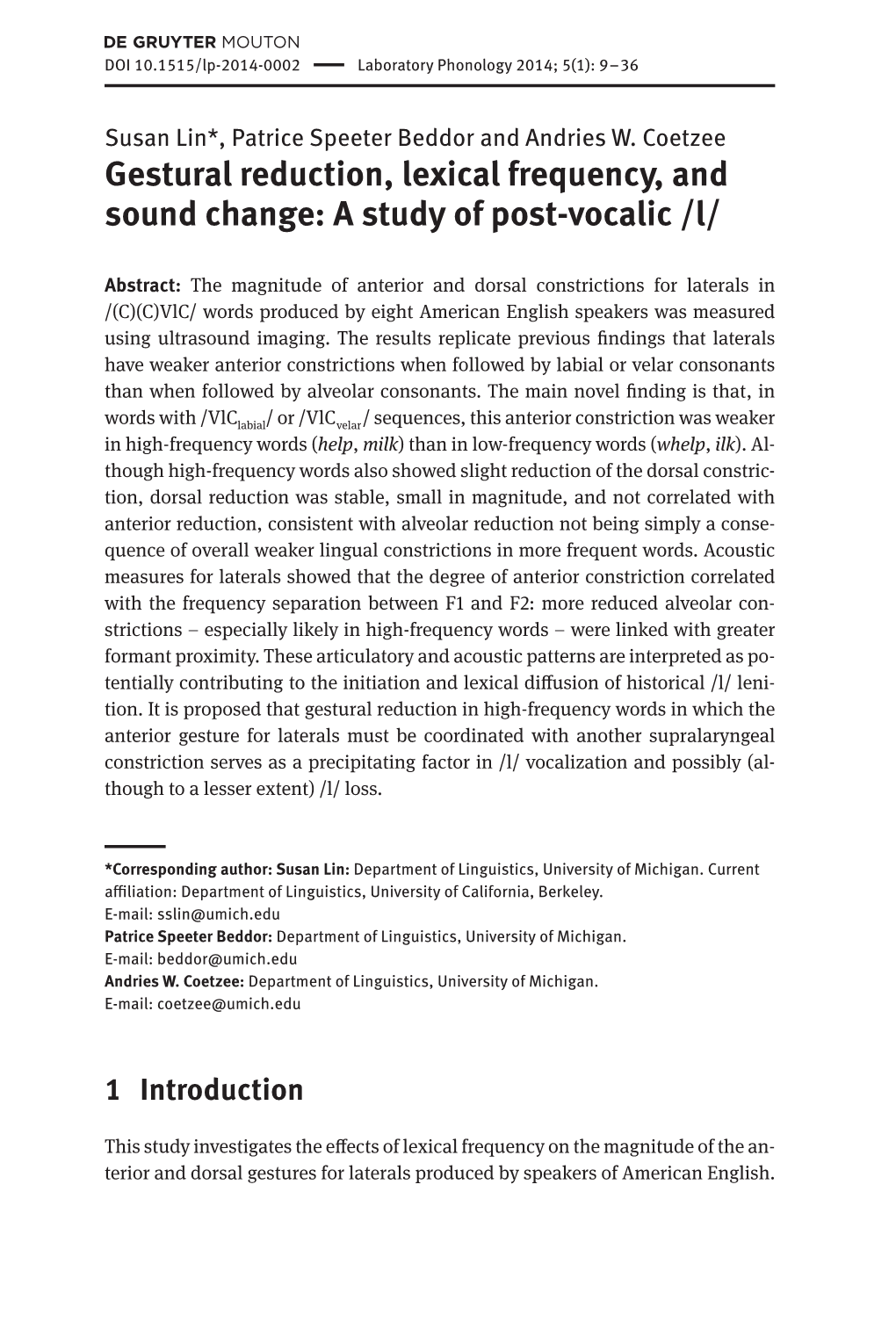 Gestural Reduction, Lexical Frequency, and Sound Change: a Study of Post-Vocalic /L