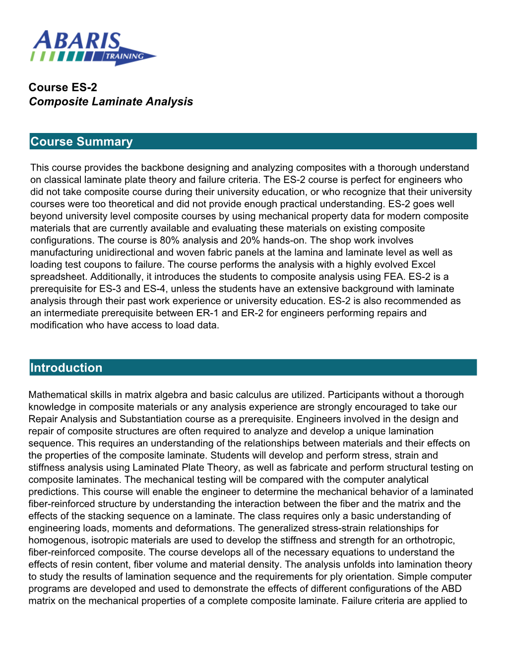 Course ES-2 Composite Laminate Analysis