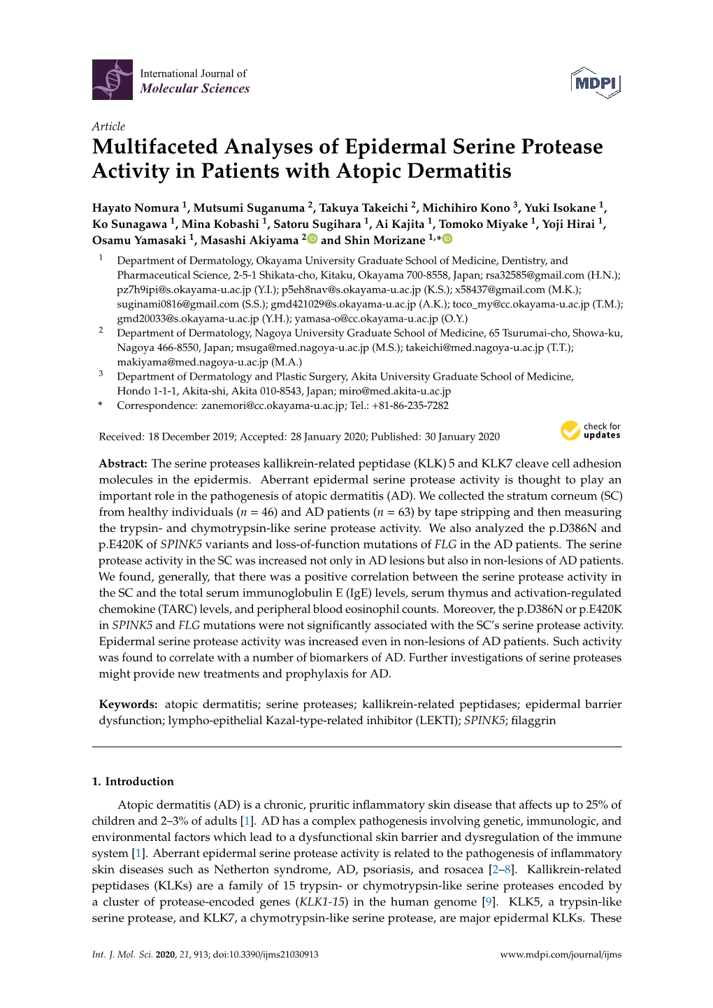 Multifaceted Analyses of Epidermal Serine Protease Activity in Patients with Atopic Dermatitis