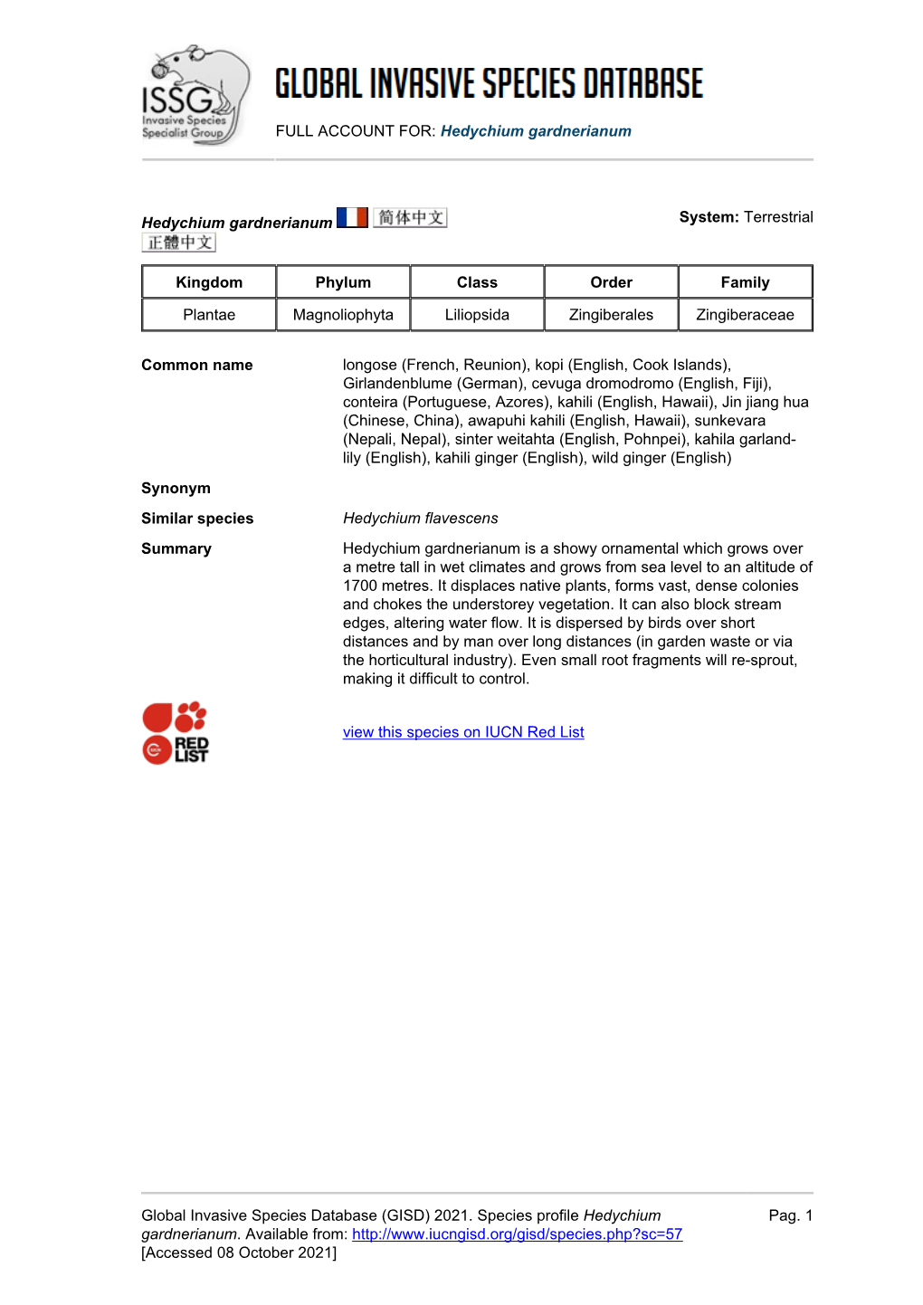 FULL ACCOUNT FOR: Hedychium Gardnerianum Global Invasive Species Database (GISD) 2021. Species Profile Hedychium Gardnerianum. A