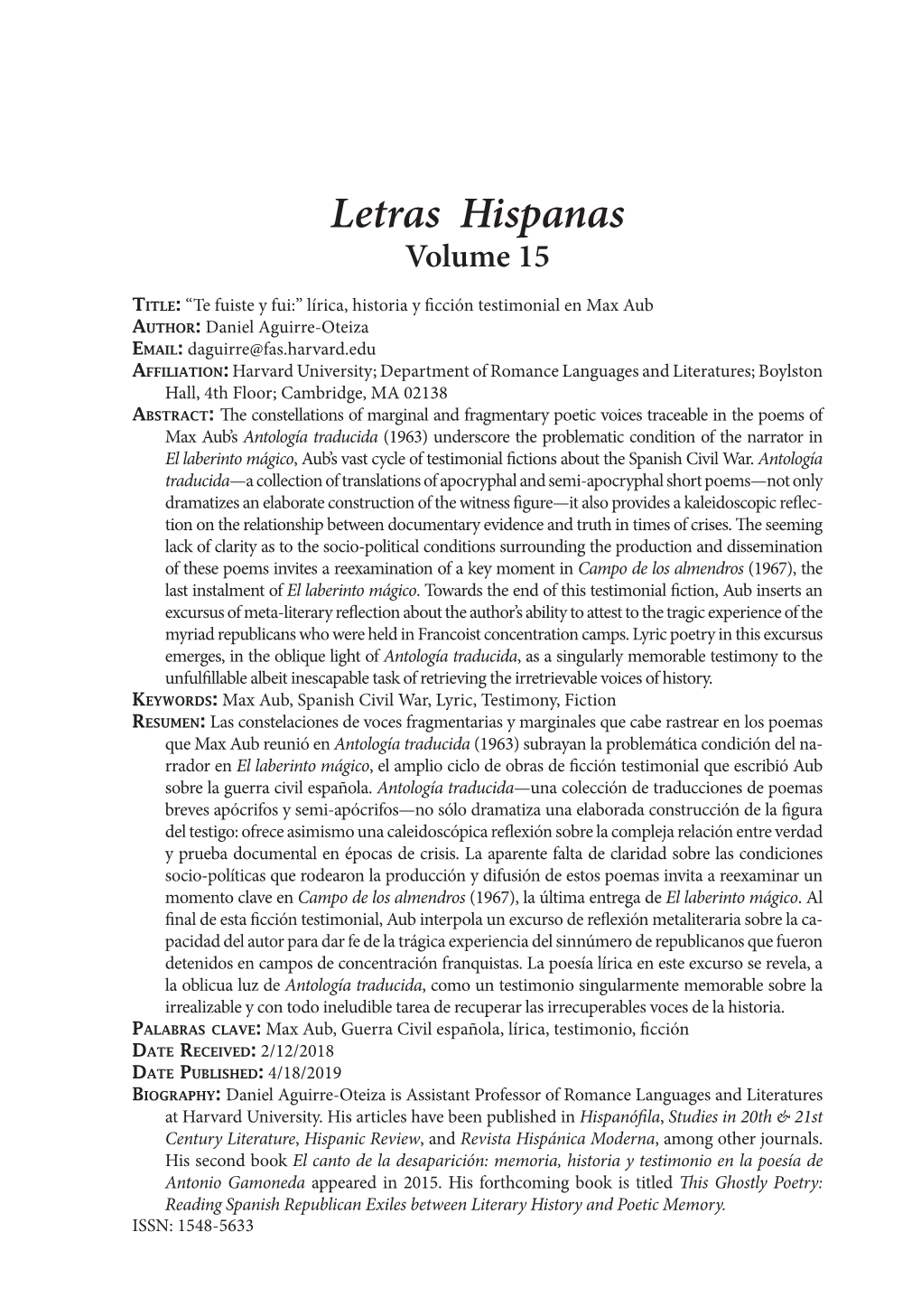 Letras Hispanas Volume 15