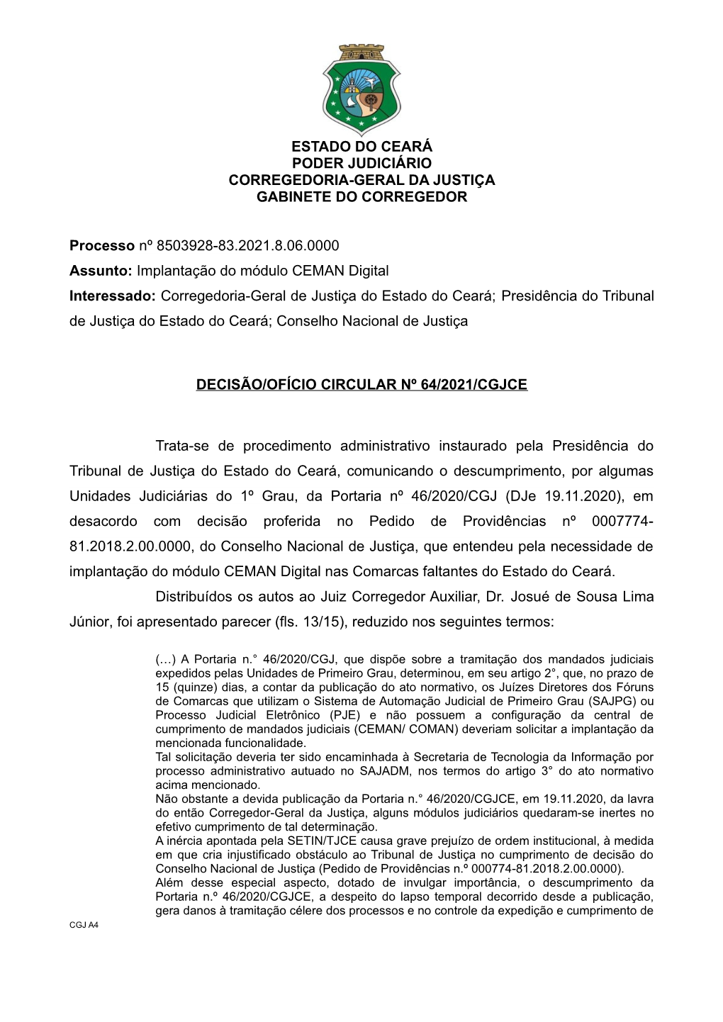 Ofício Circular Nº 64/2021/Cgjce