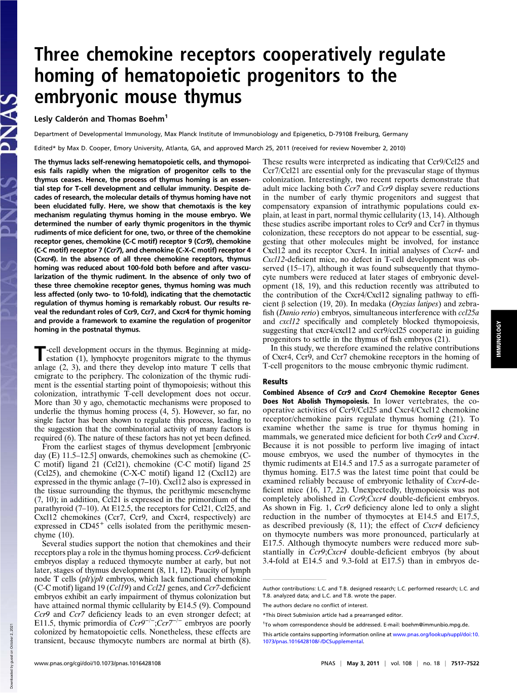 Three Chemokine Receptors Cooperatively Regulate Homing of Hematopoietic Progenitors to the Embryonic Mouse Thymus