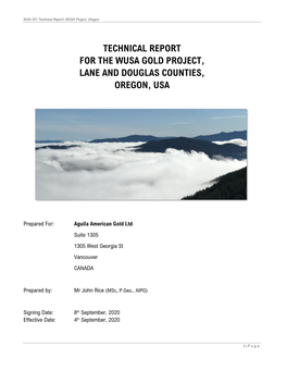 Technical Report for the Wusa Gold Project, Lane and Douglas Counties, Oregon, Usa