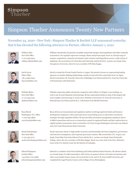 Simpson Thacher Announces Twenty New Partners