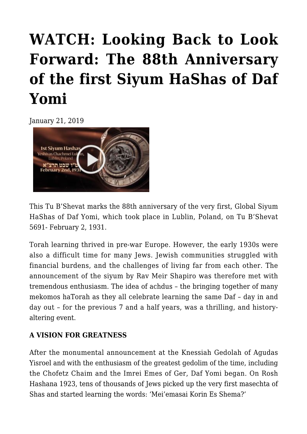 The 88Th Anniversary of the First Siyum Hashas of Daf Yomi