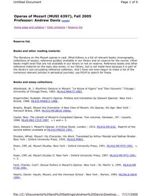 Operas of Mozart (MUSI 6397), Fall 2005 Professor: Andrew Davis (Email)