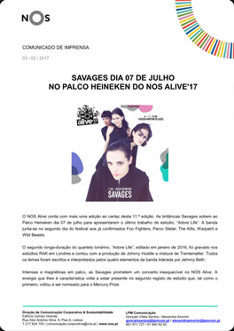 Savages Dia 07 De Julho No Palco Heineken Do Nos Alive'17