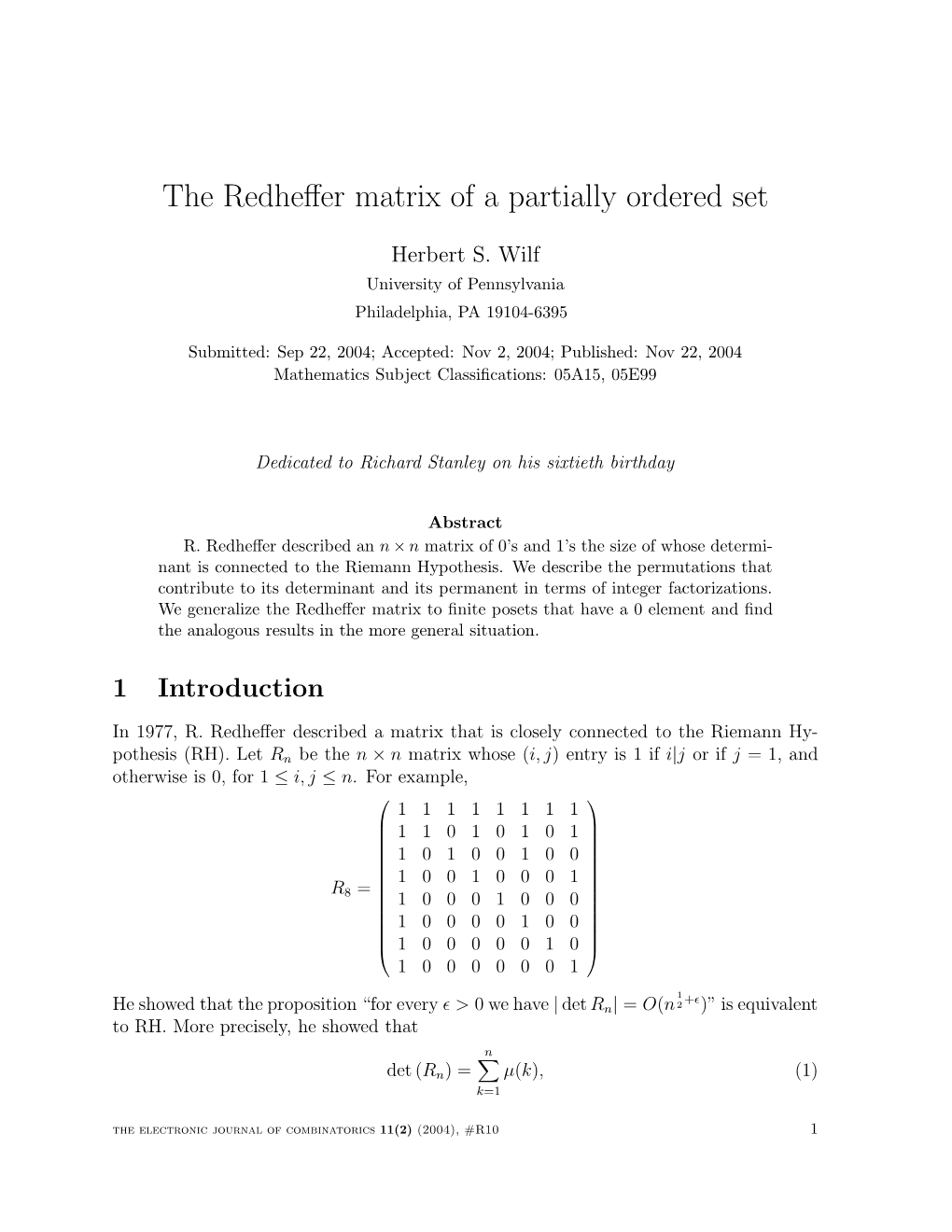 The Redheffer Matrix of a Partially Ordered