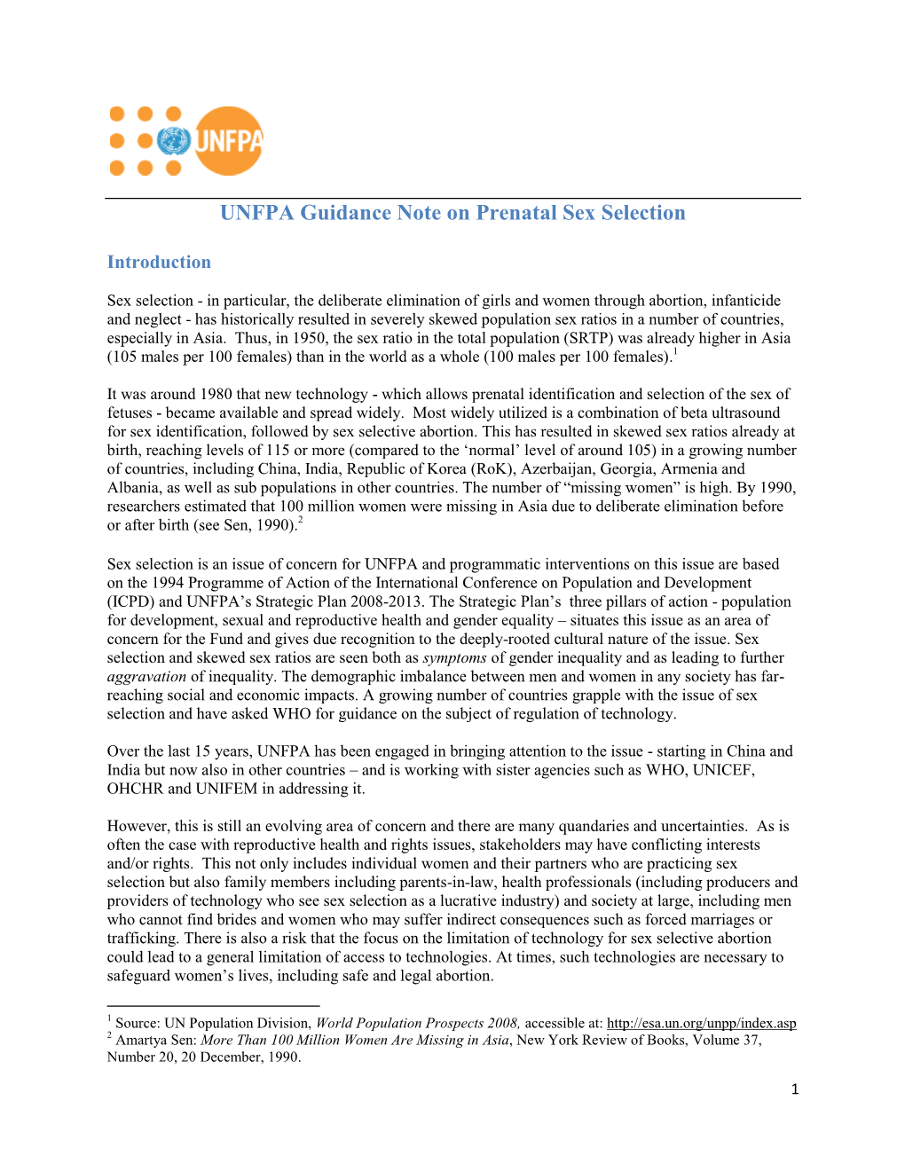 UNFPA Guidance Note on Prenatal Sex Selection