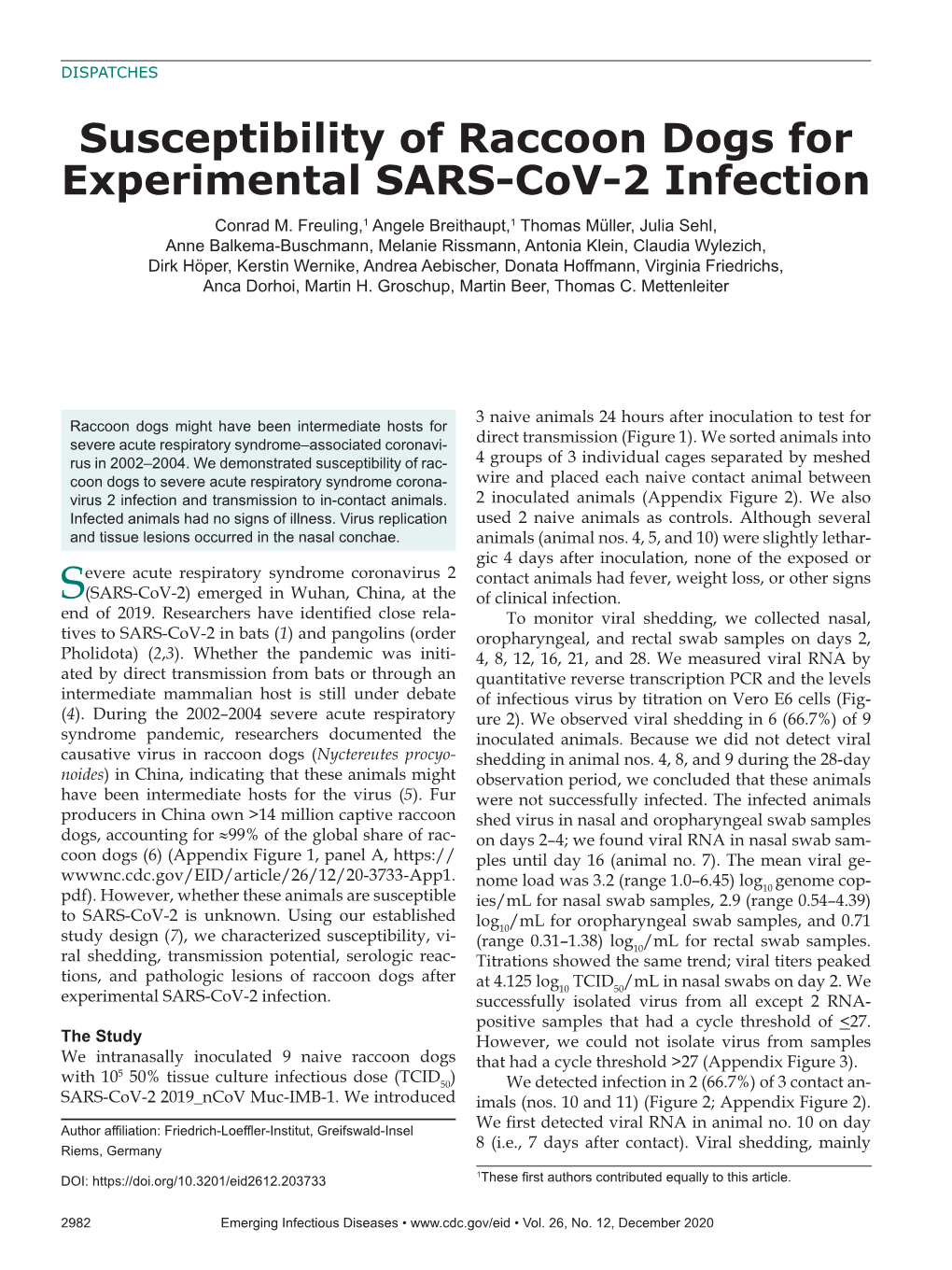 Susceptibility of Raccoon Dogs for Experimental SARS-Cov-2 Infection Conrad M