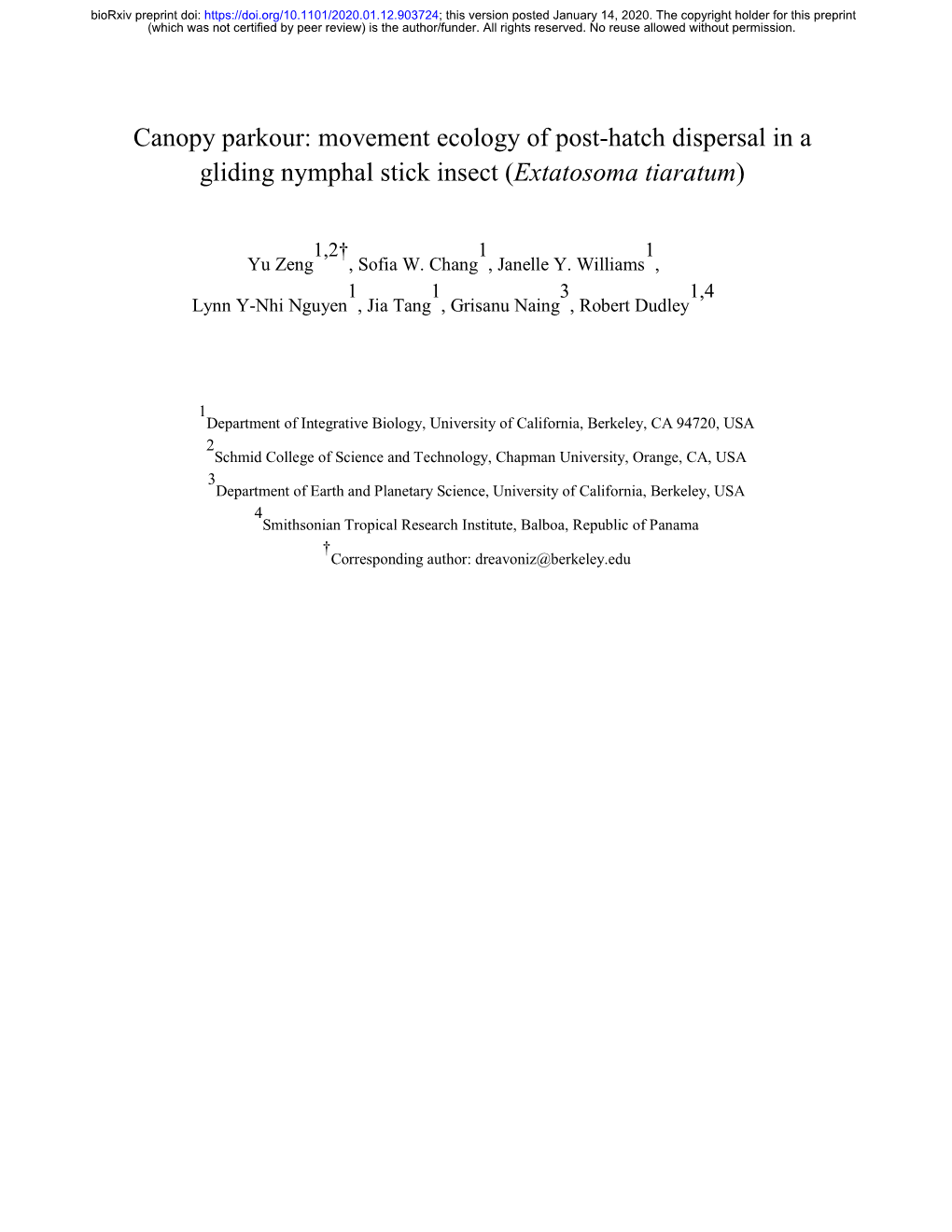 Canopy Parkour: Movement Ecology of Post-Hatch Dispersal in a Gliding Nymphal Stick Insect (Extatosoma Tiaratum)