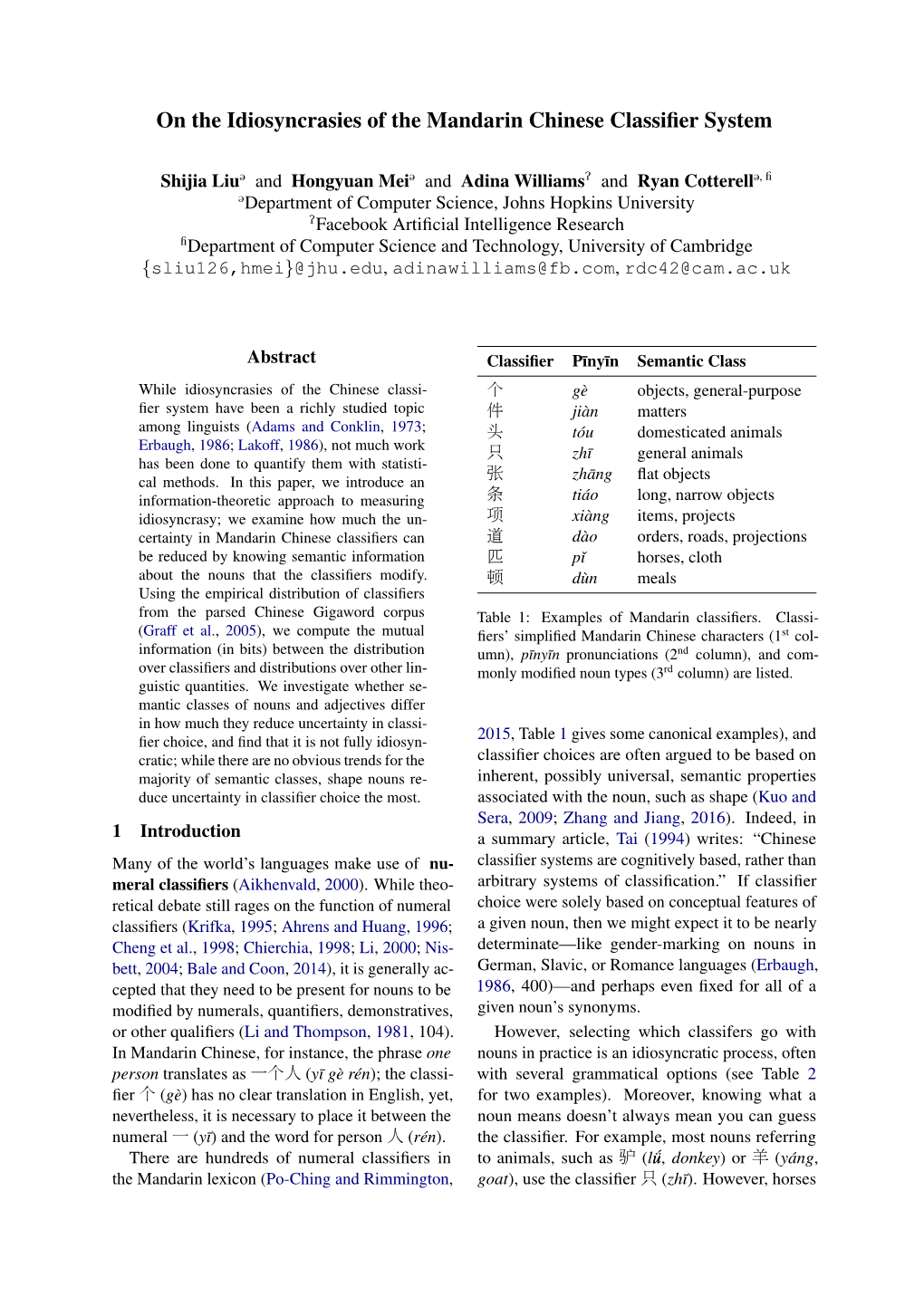 On the Idiosyncrasies of the Mandarin Chinese Classifier System