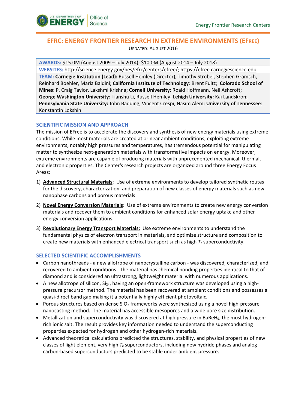 Efrc: Energy Frontier Research in Extreme Environments (Efree) Updated: August 2016