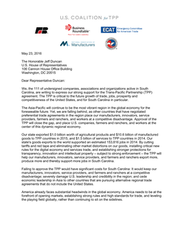 South Carolina, Are Writing to Express Our Strong Support for the Trans-Pacific Partnership (TPP) Agreement