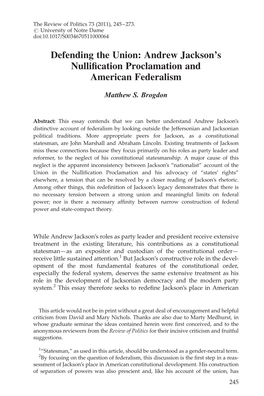 Defending the Union: Andrew Jackson's Nullification Proclamation