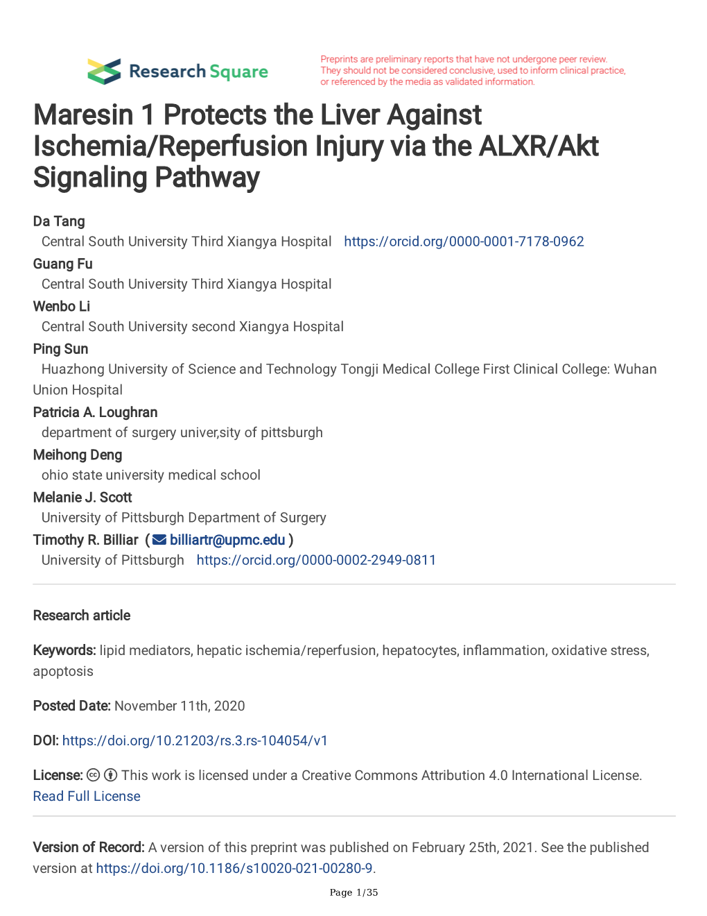 Maresin 1 Protects the Liver Against Ischemia/Reperfusion Injury Via the ALXR/Akt Signaling Pathway