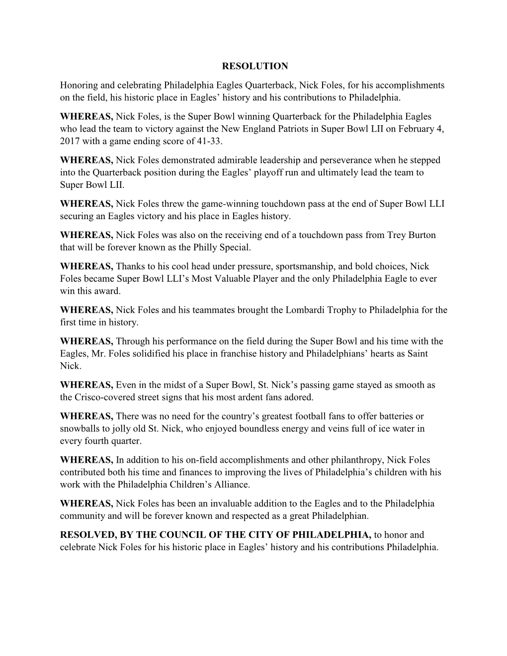 RESOLUTION Honoring and Celebrating Philadelphia Eagles