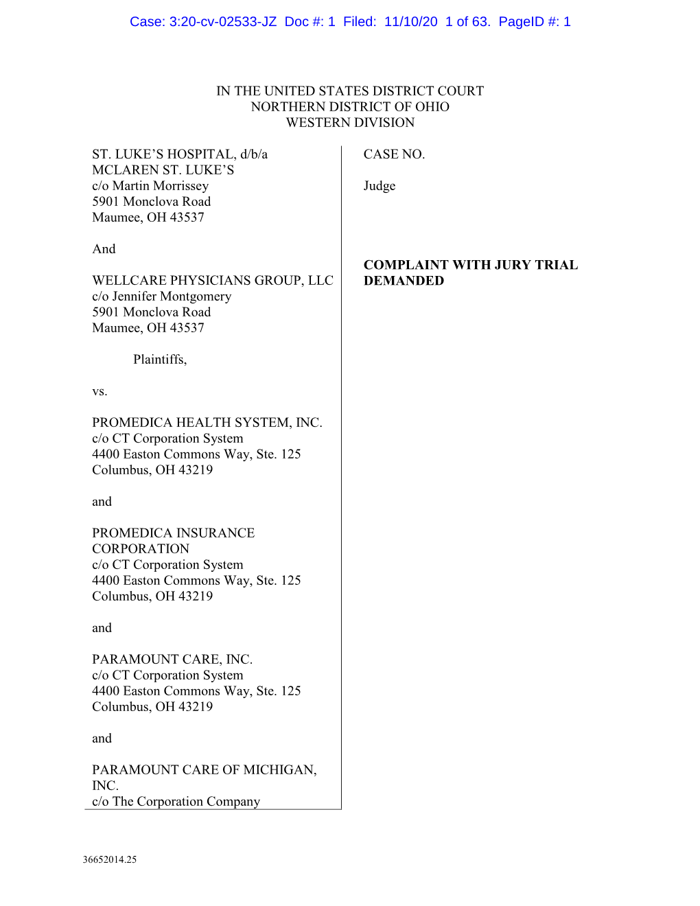 Case: 3:20-Cv-02533-JZ Doc #: 1 Filed: 11/10/20 1 of 63. Pageid #: 1