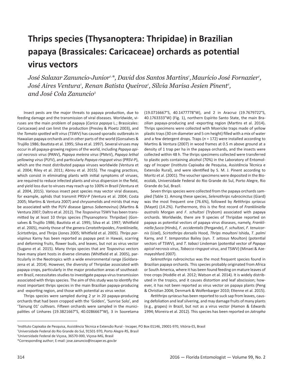 Thrips Species (Thysanoptera: Thripidae) in Brazilian Papaya