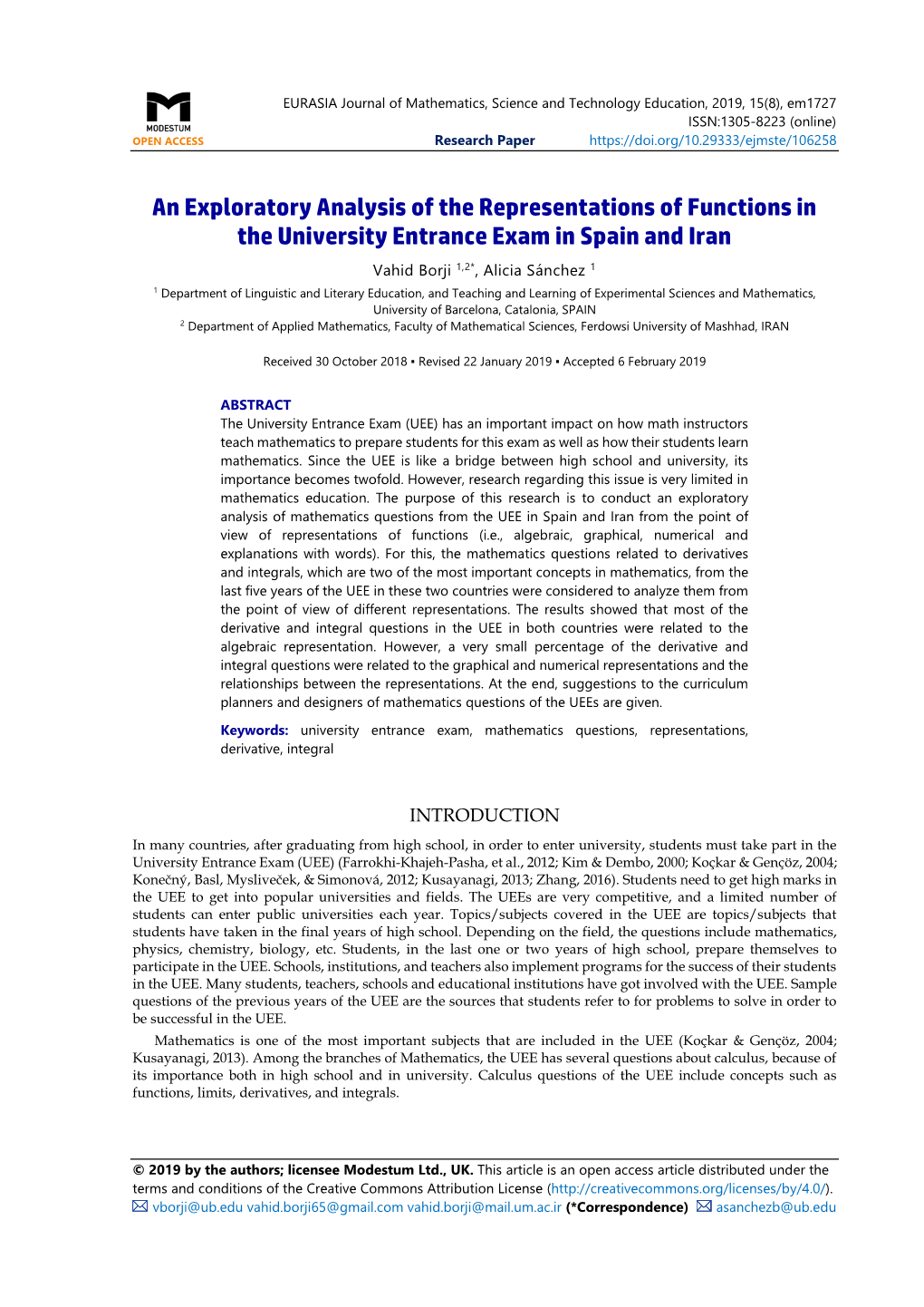 An Exploratory Analysis of the Representations of Functions in the University Entrance Exam in Spain and Iran